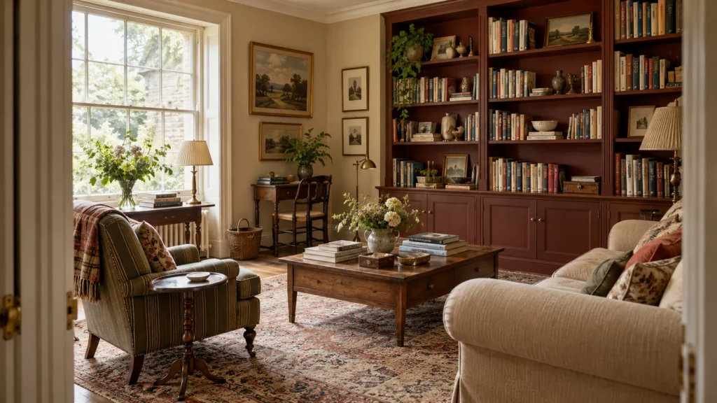 English country living room with walnut bookshelves oatmeal sofa and olive reading chair