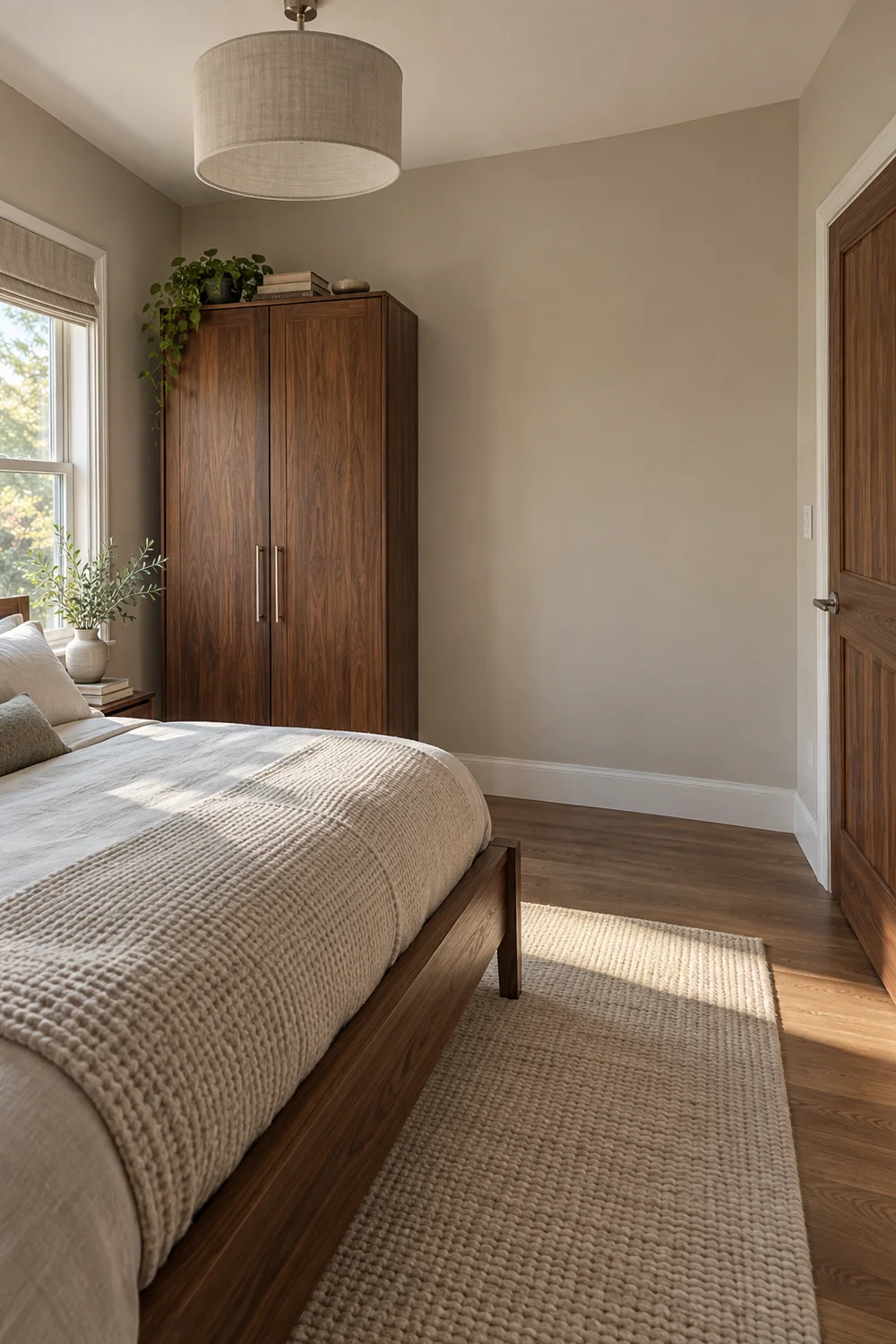 Existing bed wardrobe window and door visible before vanity placement