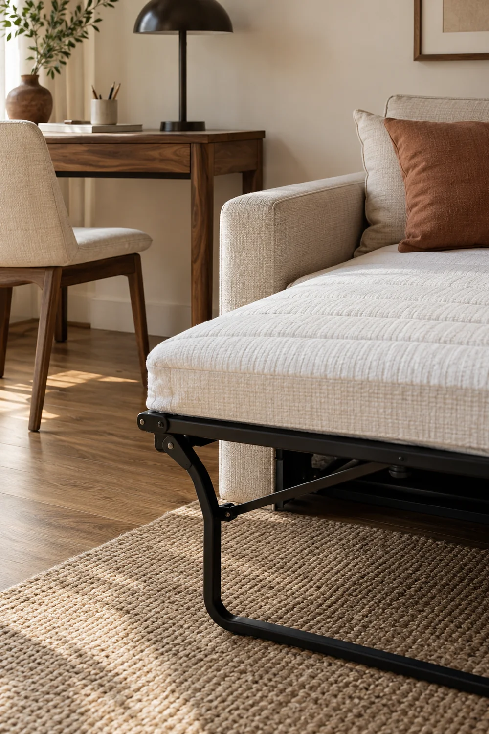 Extended guest sofa support and oatmeal sleeping surface with a walnut desk beyond