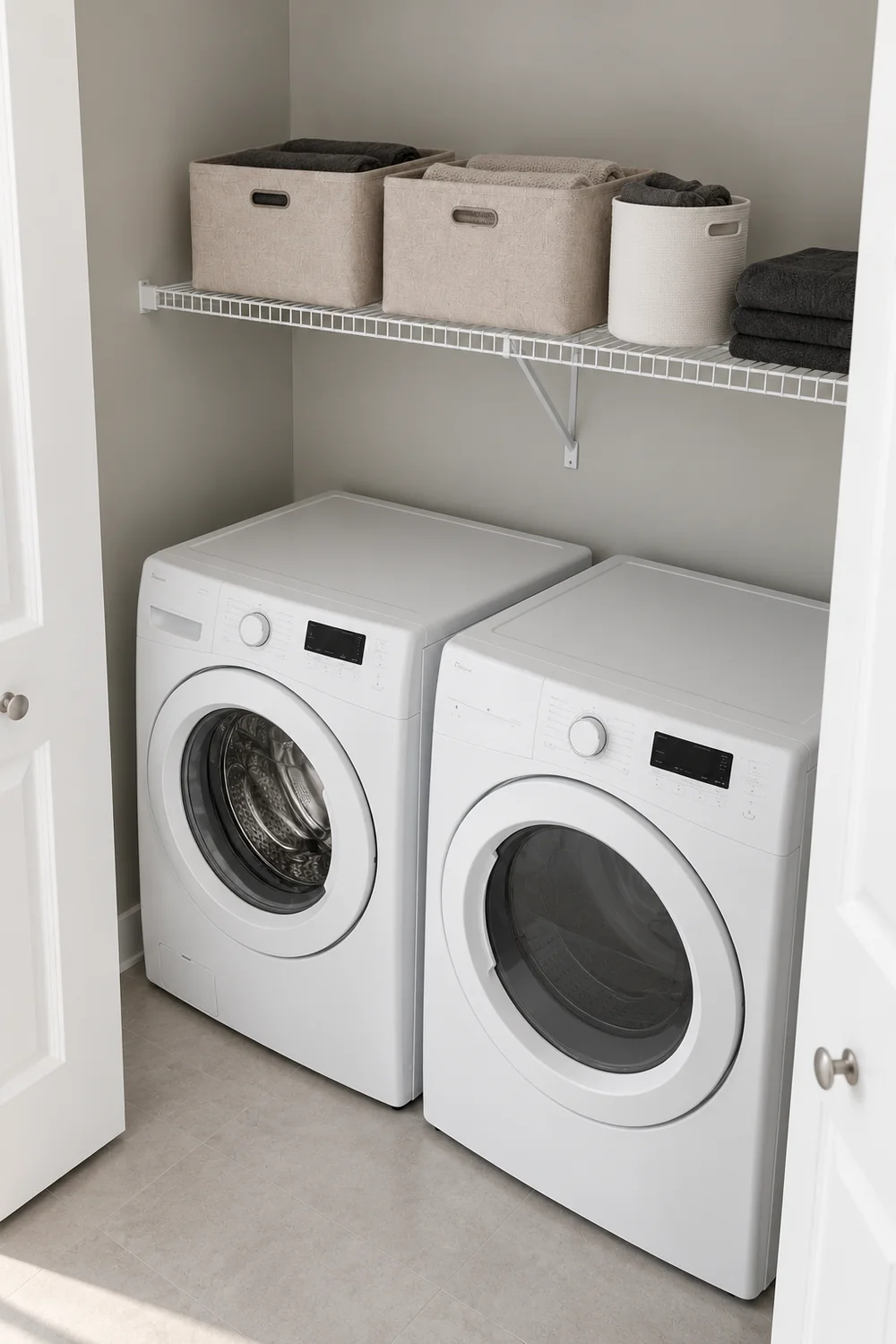 Fabric bins and a white container of dry cloths on a retained laundry shelf