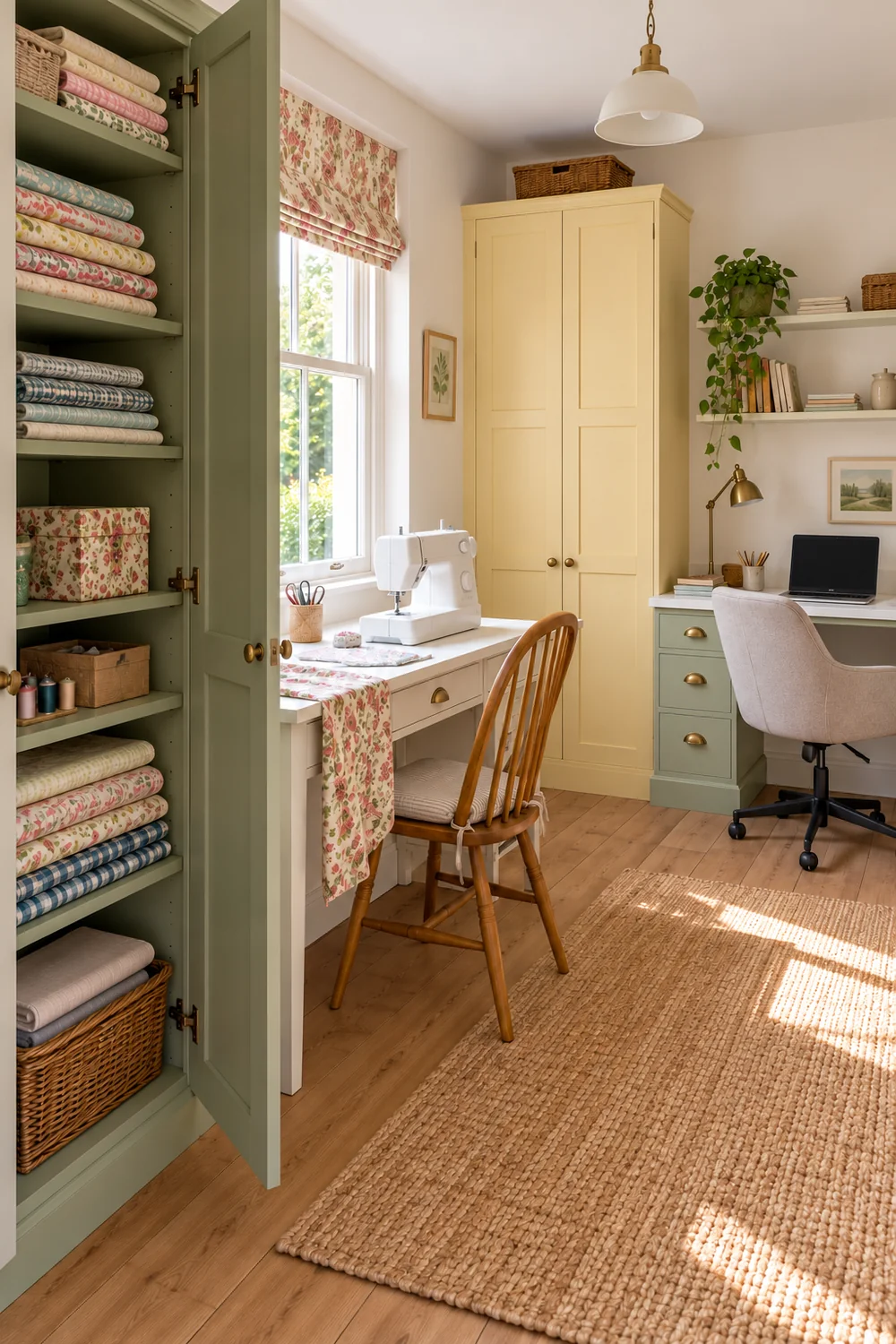 Fabric shelves beside separate sewing and computer workstations in daylight