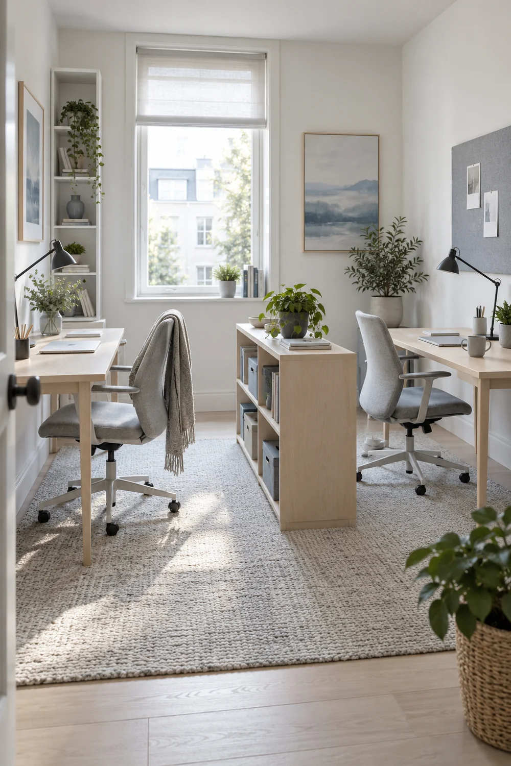 Facing desks with a low shared shelf in a two person home office