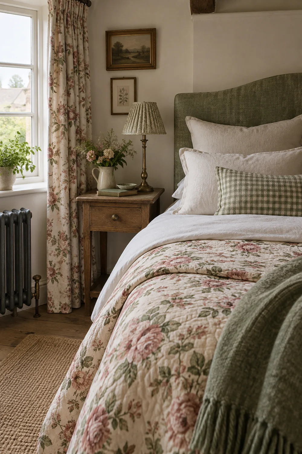 Faded rose floral quilt, small muted green check cushion and plain linen bedding in restrained layered composition