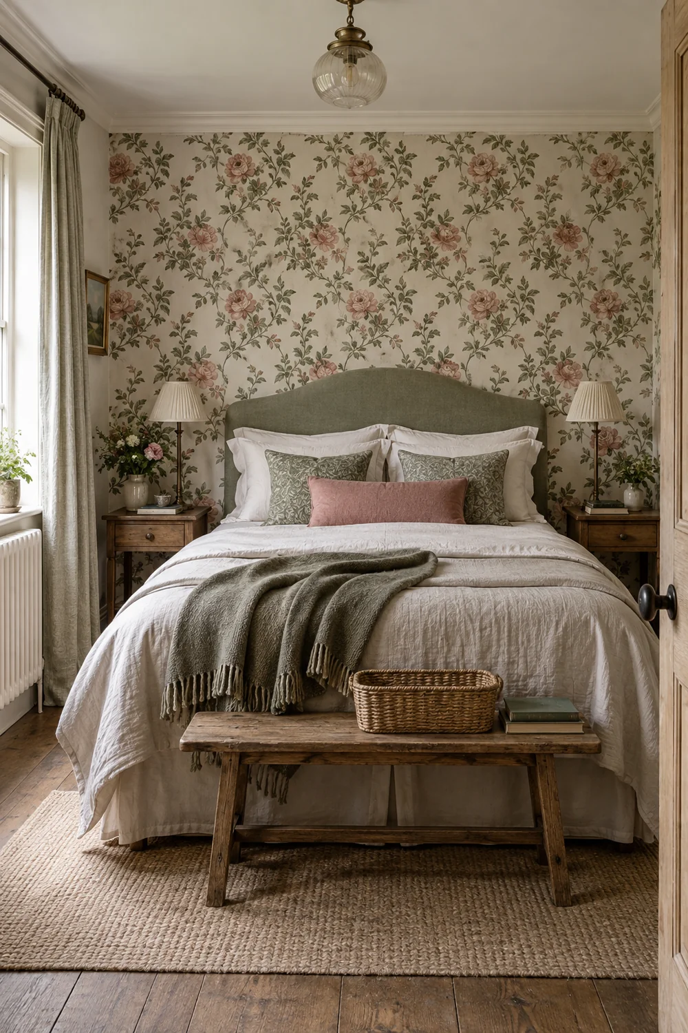 Faded rose floral wallpaper behind a linen headboard in a country guest bedroom