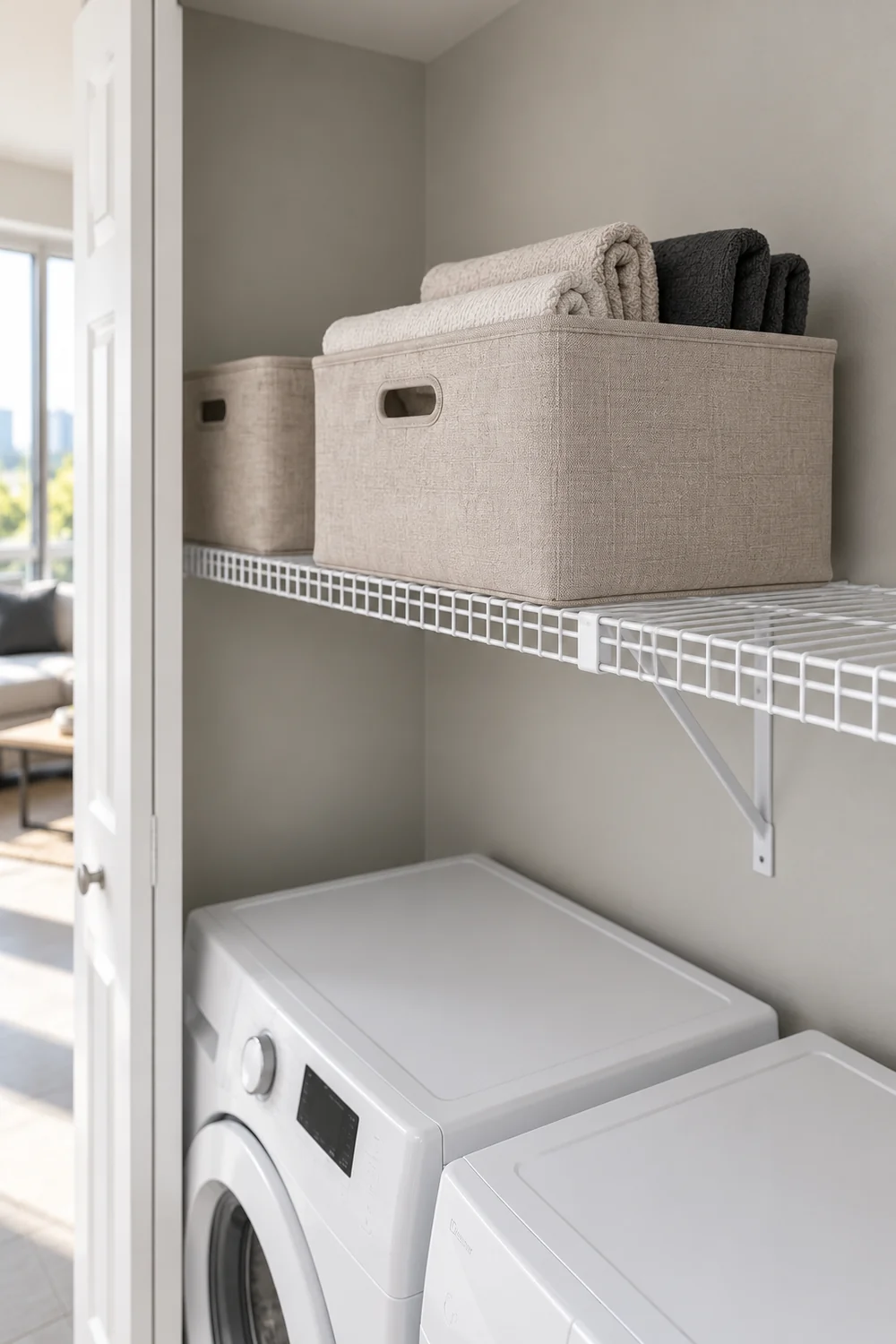 Filled fabric container with folded cream and dark cloths and visible wire shelf support