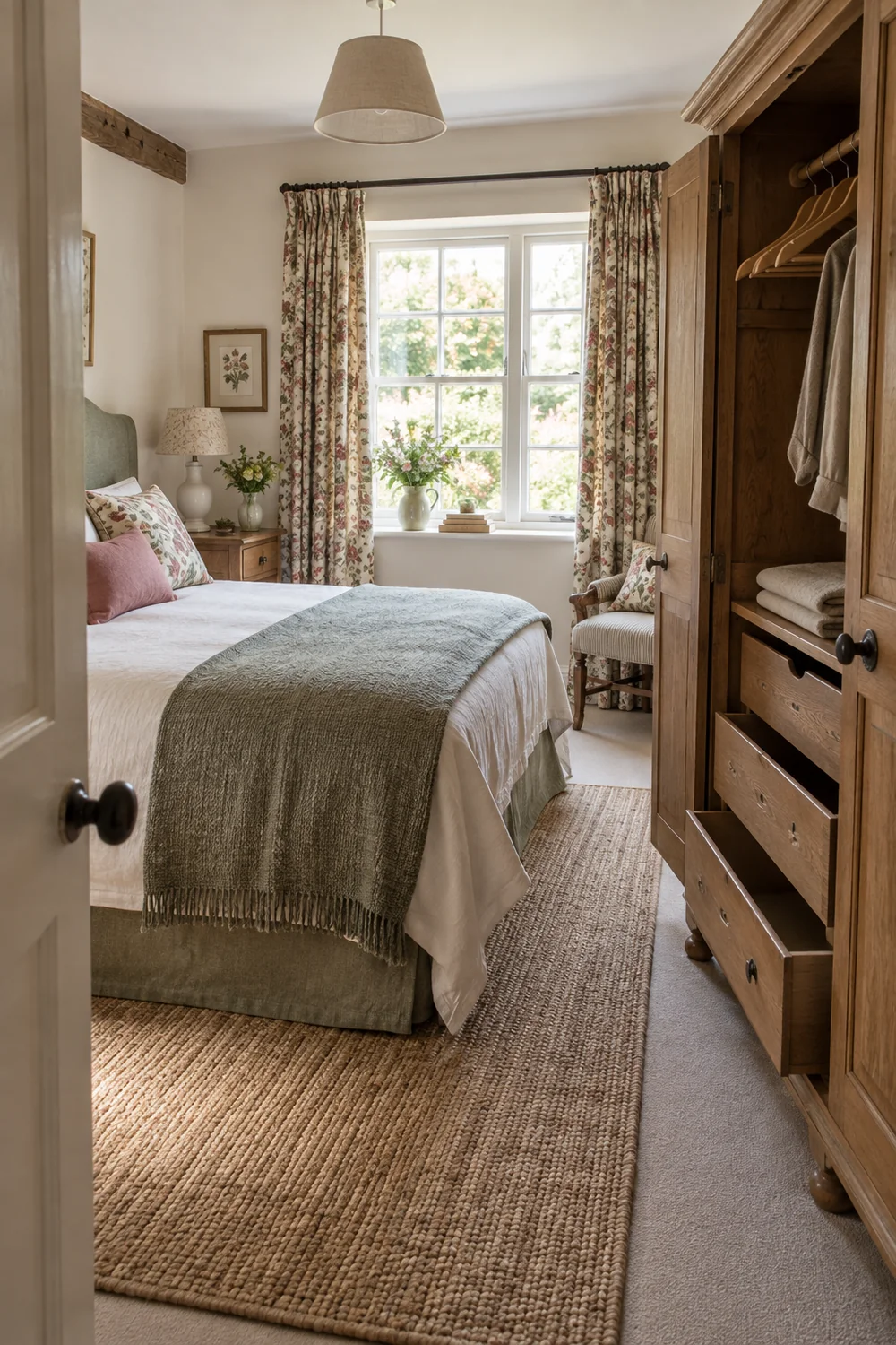 Finished English country guest room with a clear route tidy fabrics and an open wardrobe