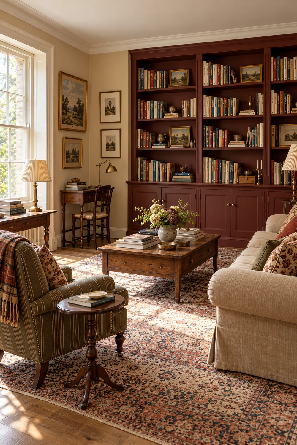Finished English country sitting room with full bookshelves and a separate current reading table