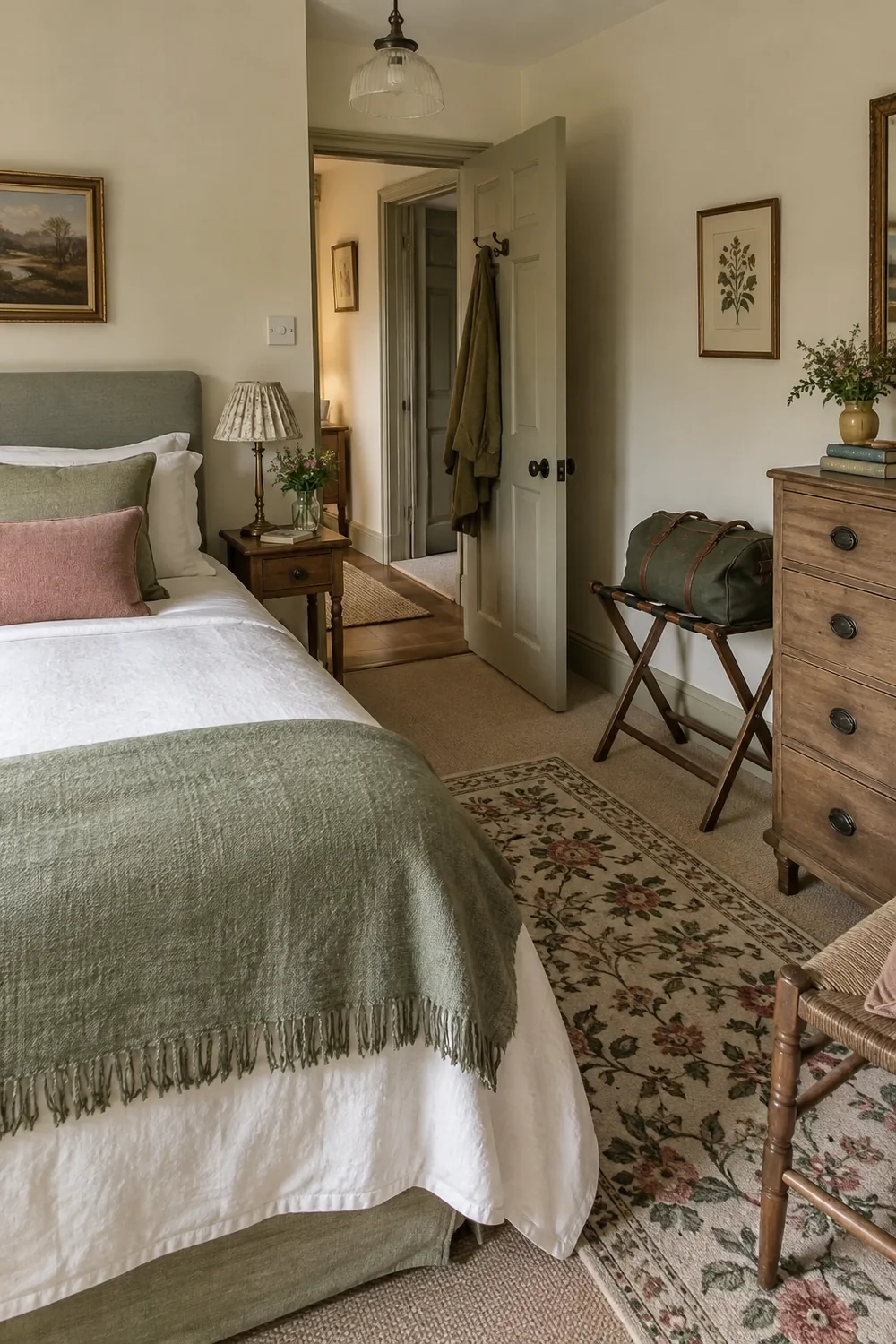 Finished compact English country guest bedroom with clear bed path, luggage place and one patterned surface