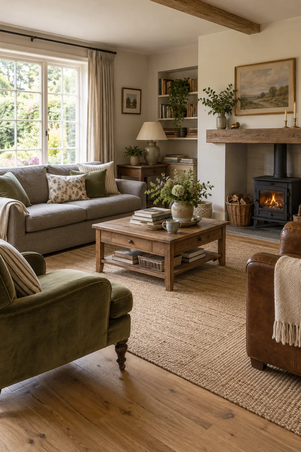 Finished cottage seating with a grey sofa wooden tables and an open floor