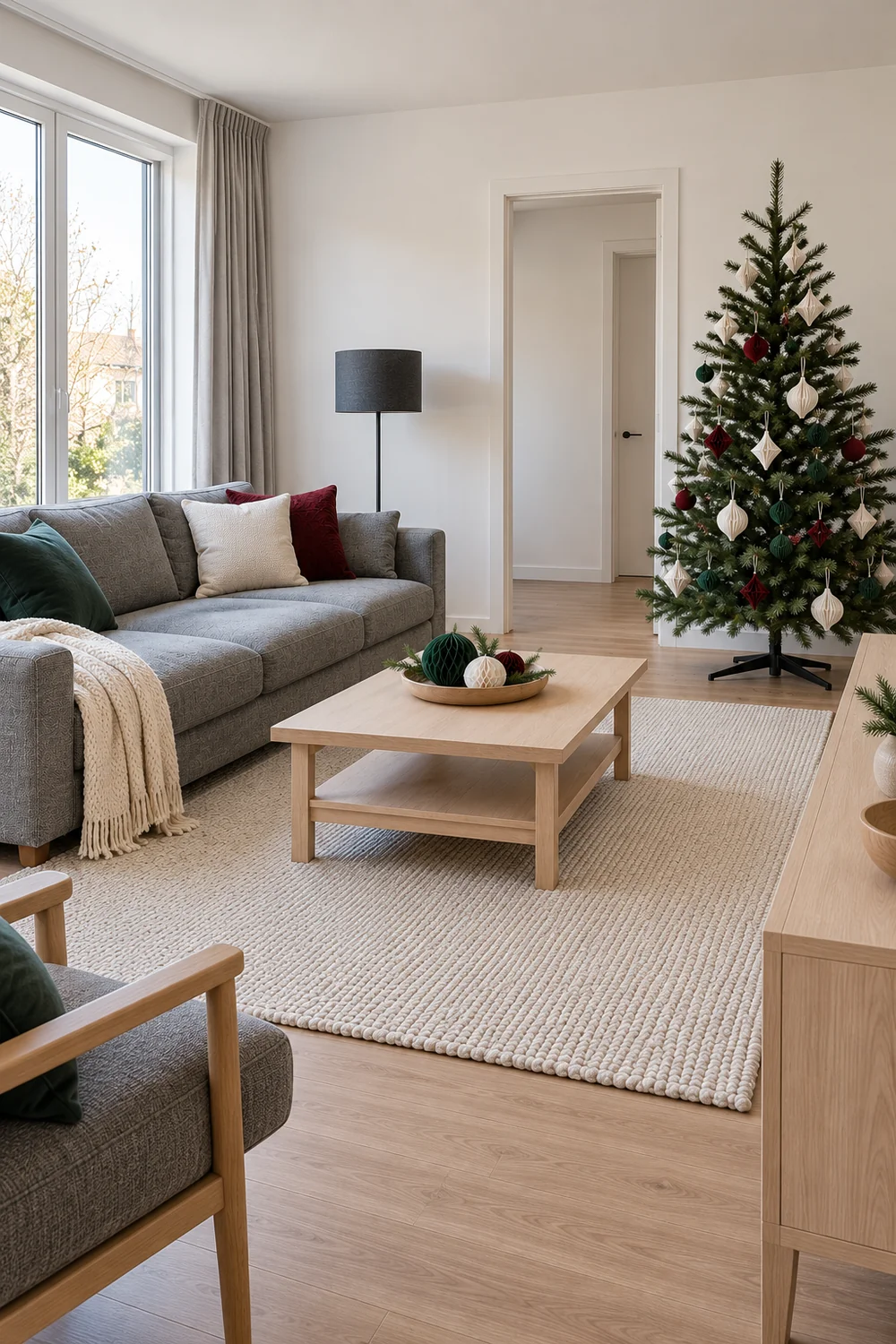Finished grey Christmas living room with useful furniture and an open route