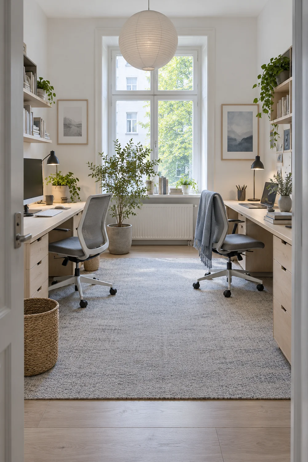 Finished paired Scandinavian workstations with individual lighting