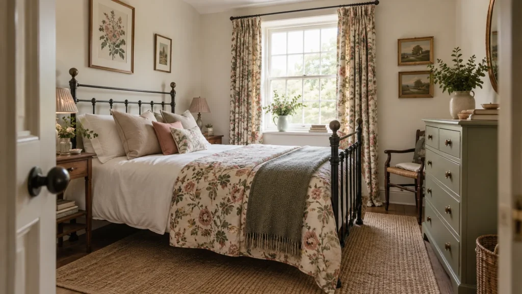 Finished small English country guest bedroom with iron bed, one floral textile, sage chest and correct scale furniture visible