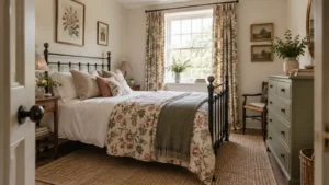 Finished small English country guest bedroom with iron bed, one floral textile, sage chest and correct scale furniture visible