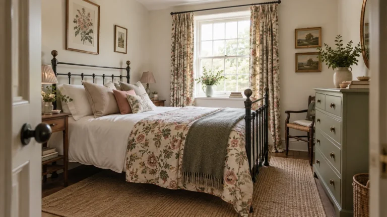 Finished small English country guest bedroom with iron bed, one floral textile, sage chest and correct scale furniture visible