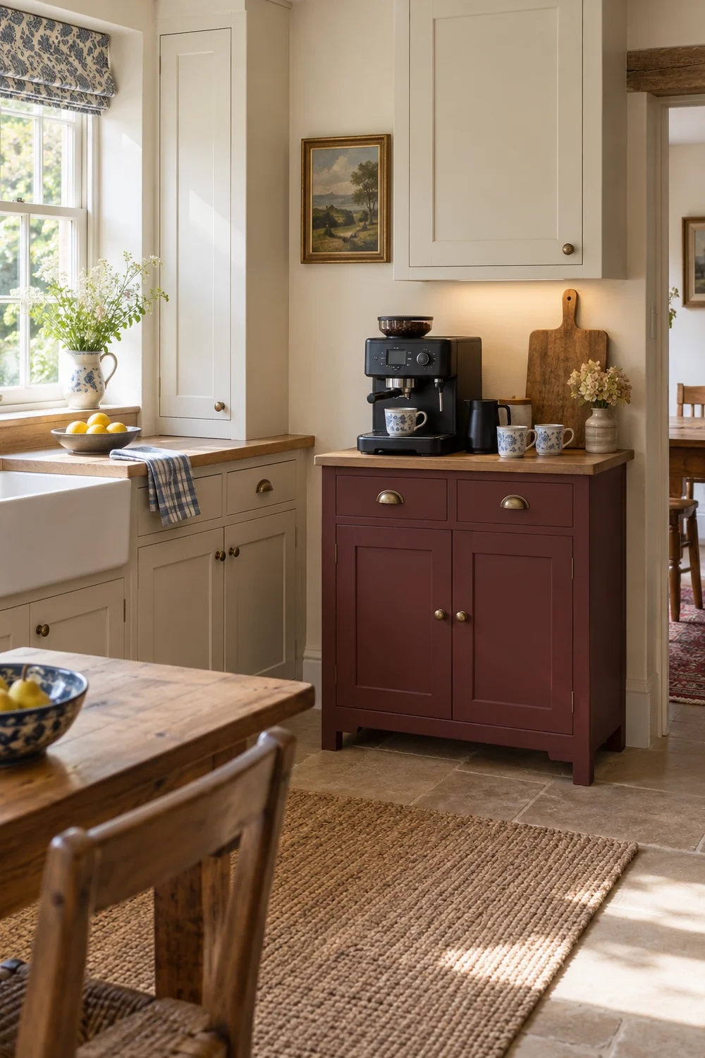 Fitted cupboard light illuminating coffee equipment on a burgundy cabinet