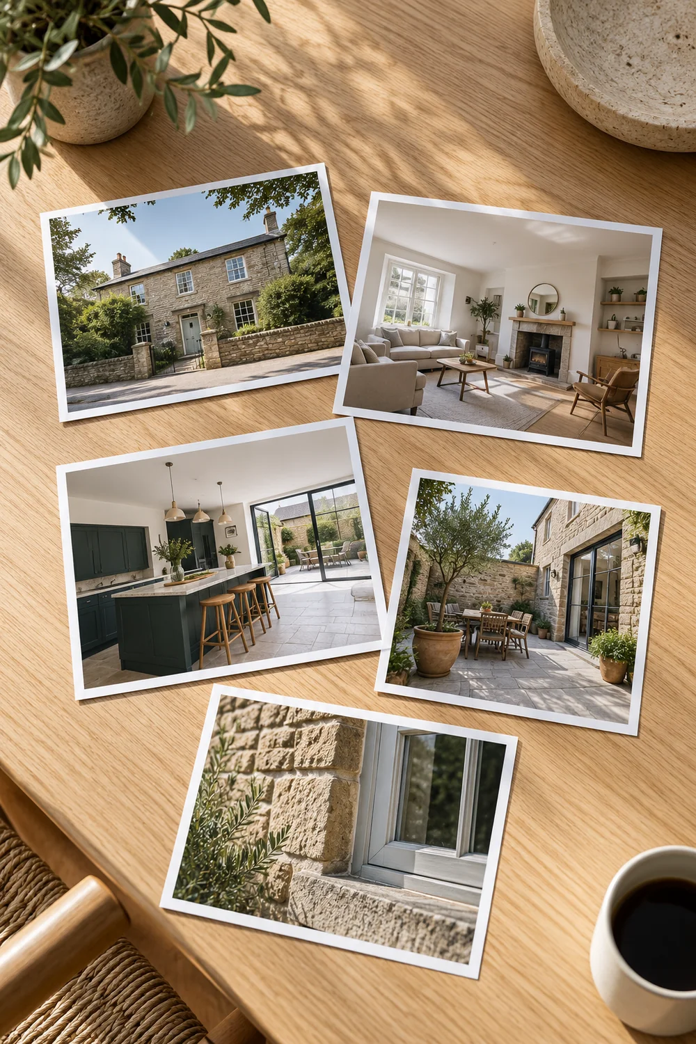 Five property photographs arranged on a pale oak table