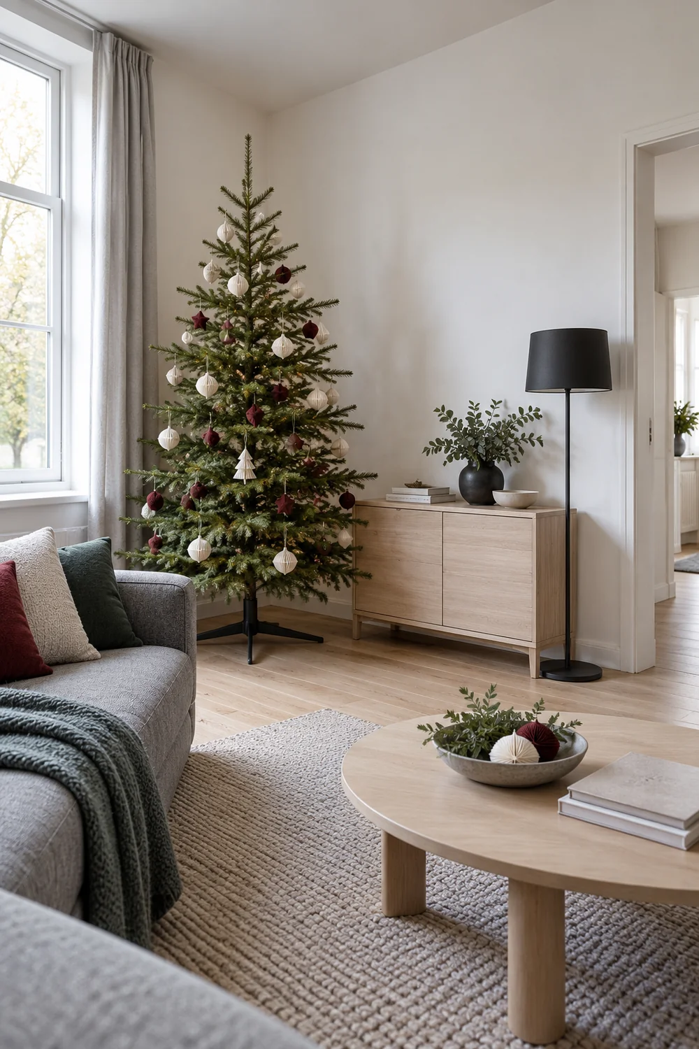 Floor Christmas tree beside an ash cabinet with a clear top