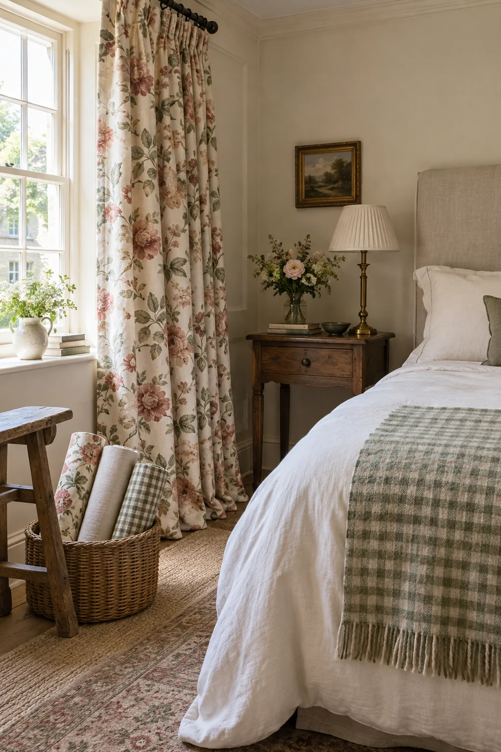 Floral curtain beside plain cream bedding and a small check throw