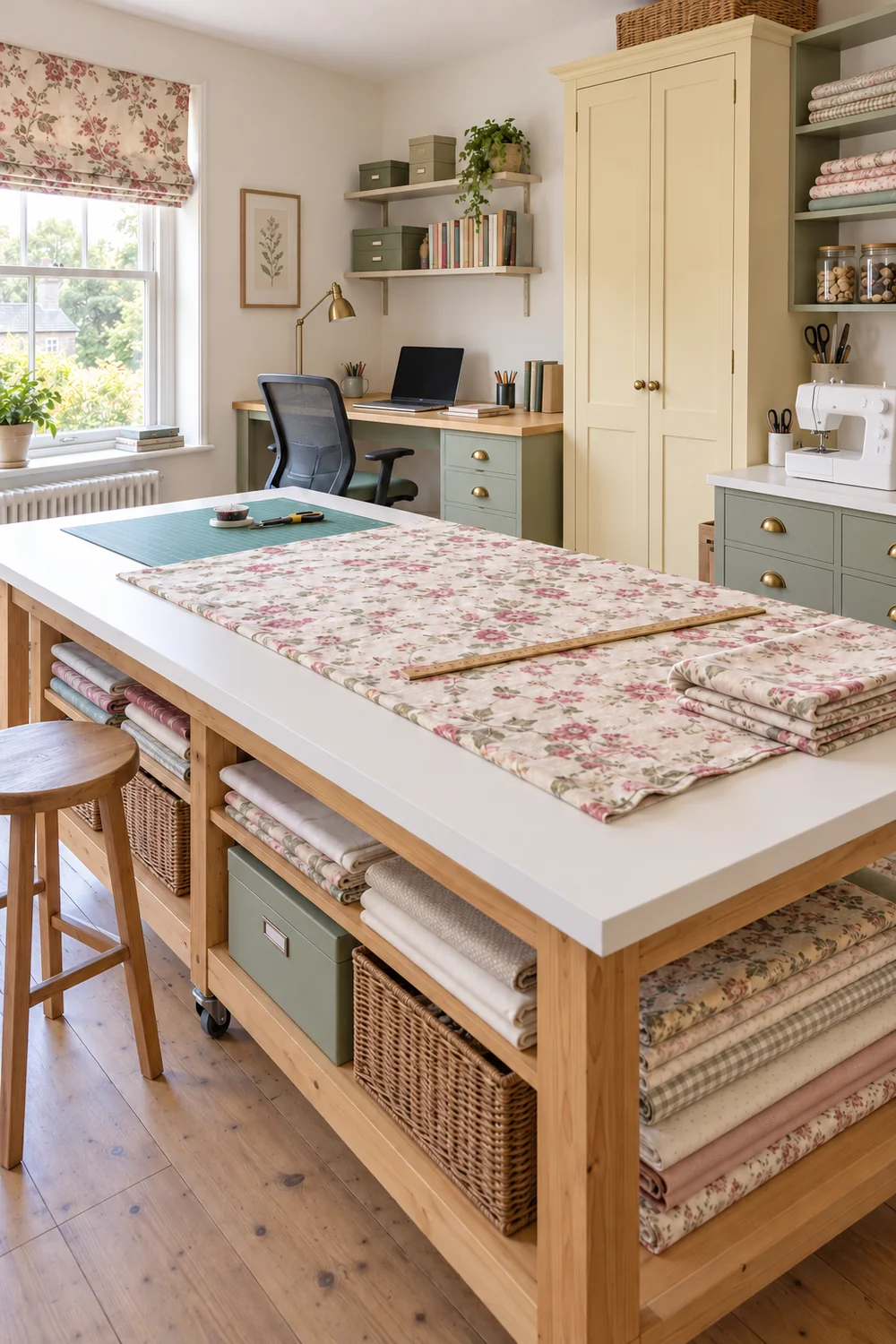 Floral fabric spread across a white cutting table with an office desk beyond
