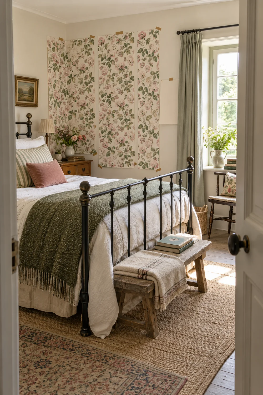 Floral wallpaper repeats taped behind an iron guest bed for a scale test