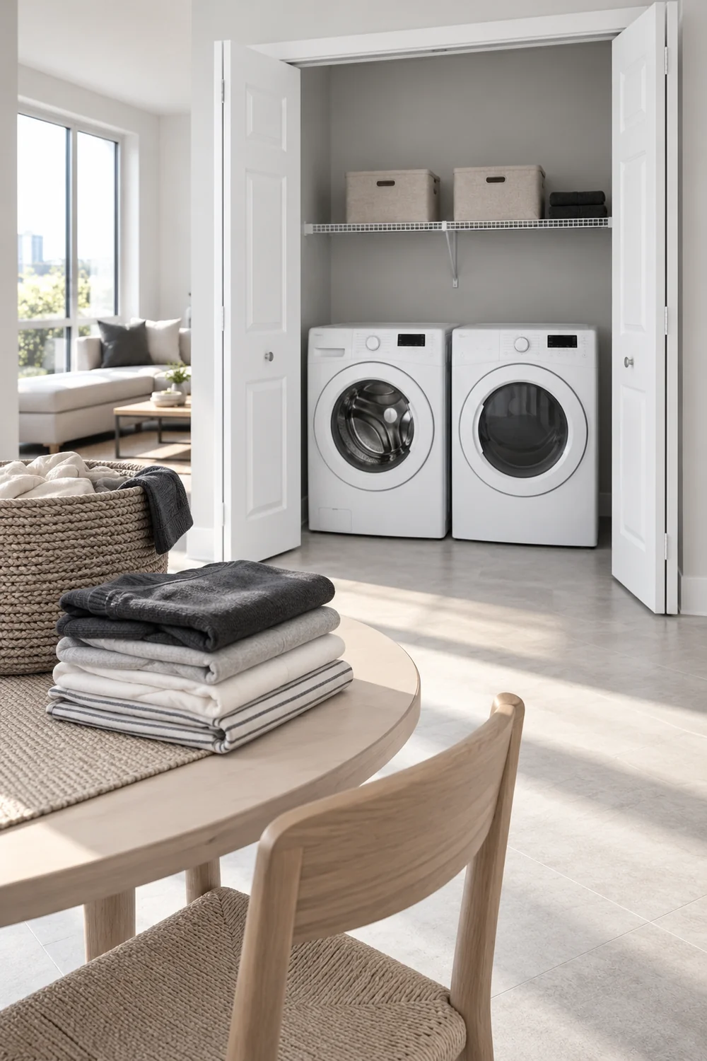 Folded clean clothes and a basket on an apartment table facing the laundry closet
