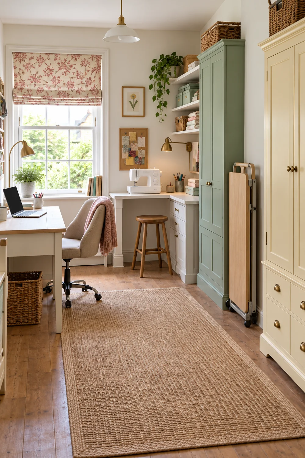 Folded cutting table stored beside sage shelves in a cottage office