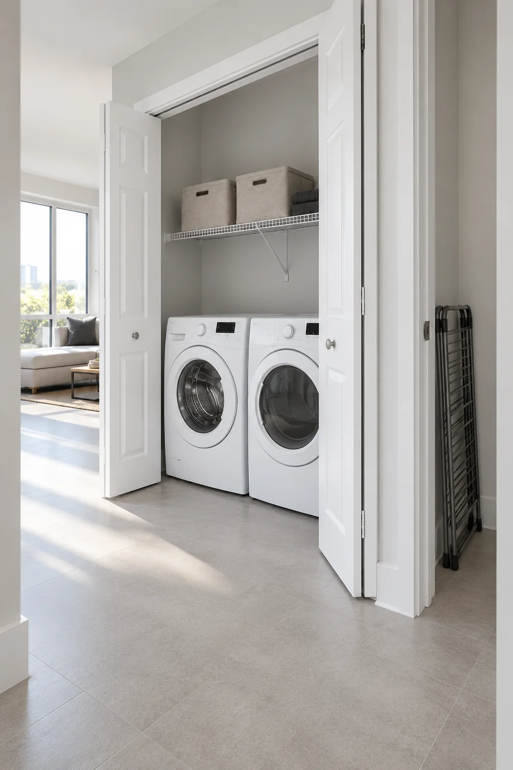 Folded dark drying rack stored in a narrow nook outside an open laundry closet