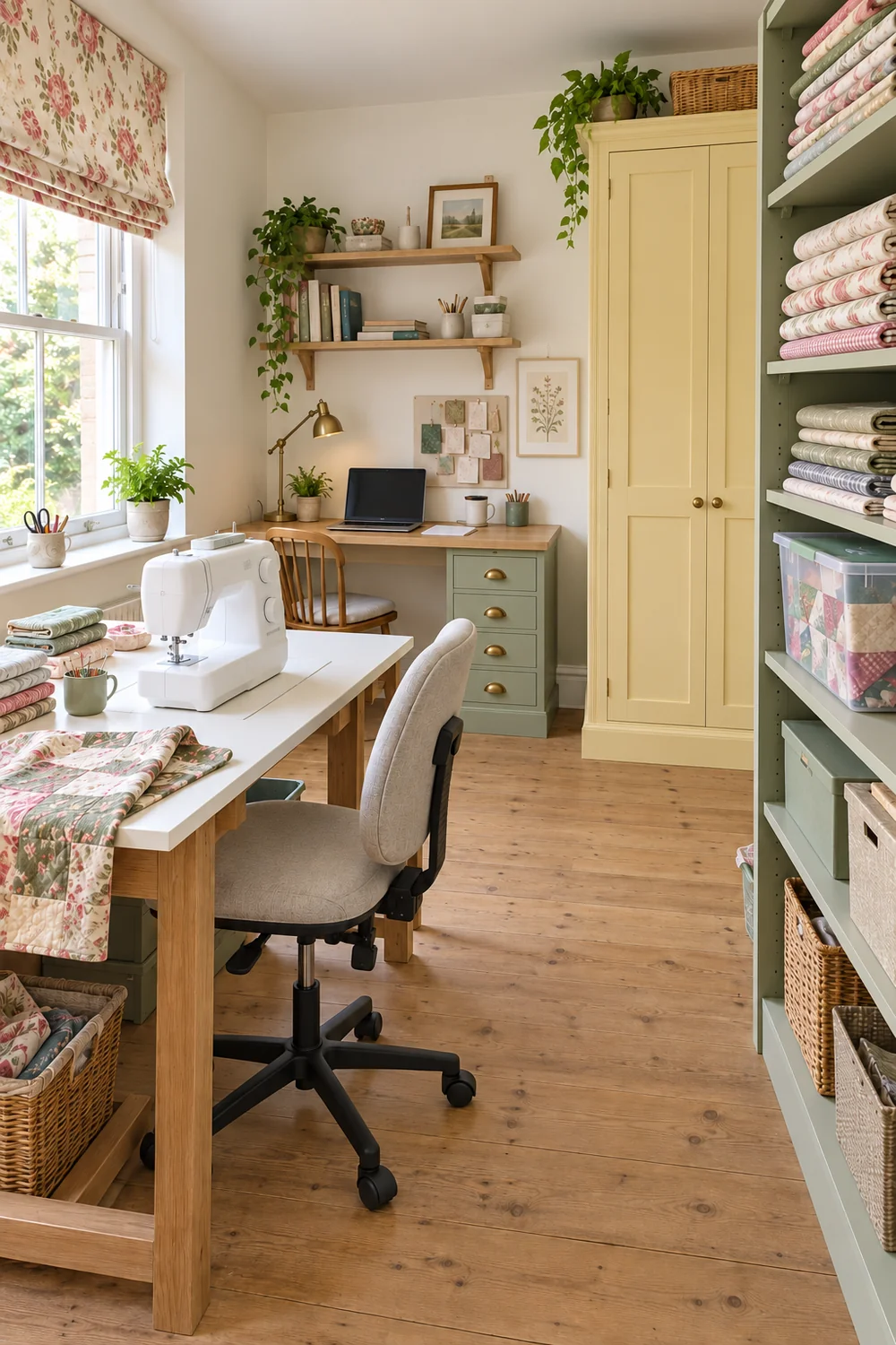 Folded fabric and project boxes stored on sage shelves beside sewing and office desks