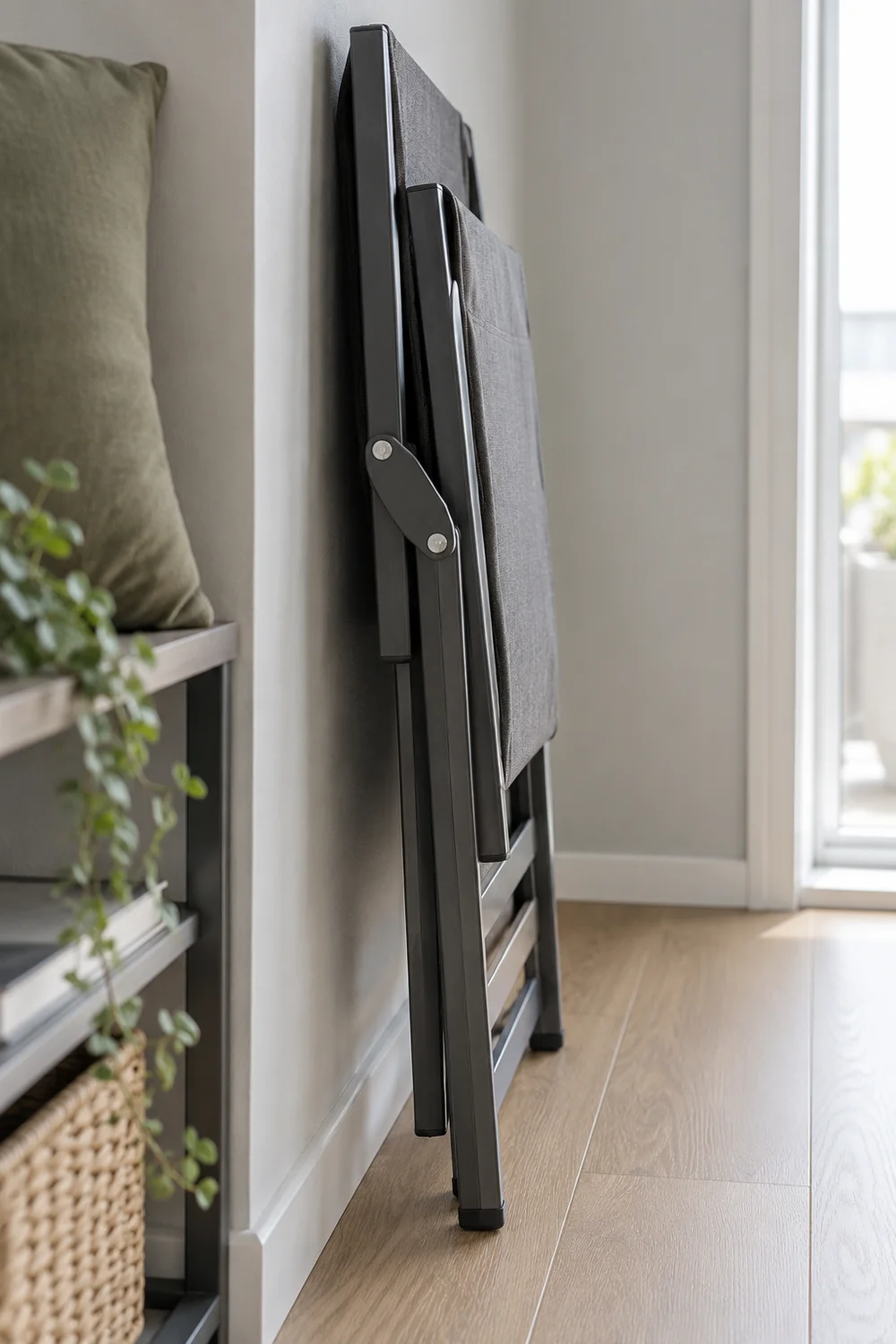 Folded graphite chair profile against a grey indoor wall beside an olive cushion