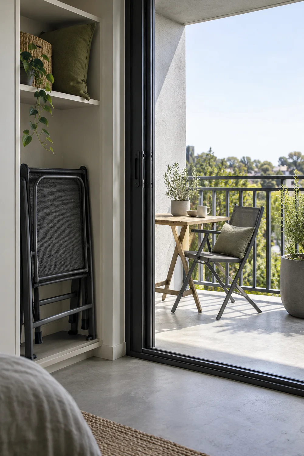 Folded graphite chair stored in an indoor alcove beside a balcony doorway