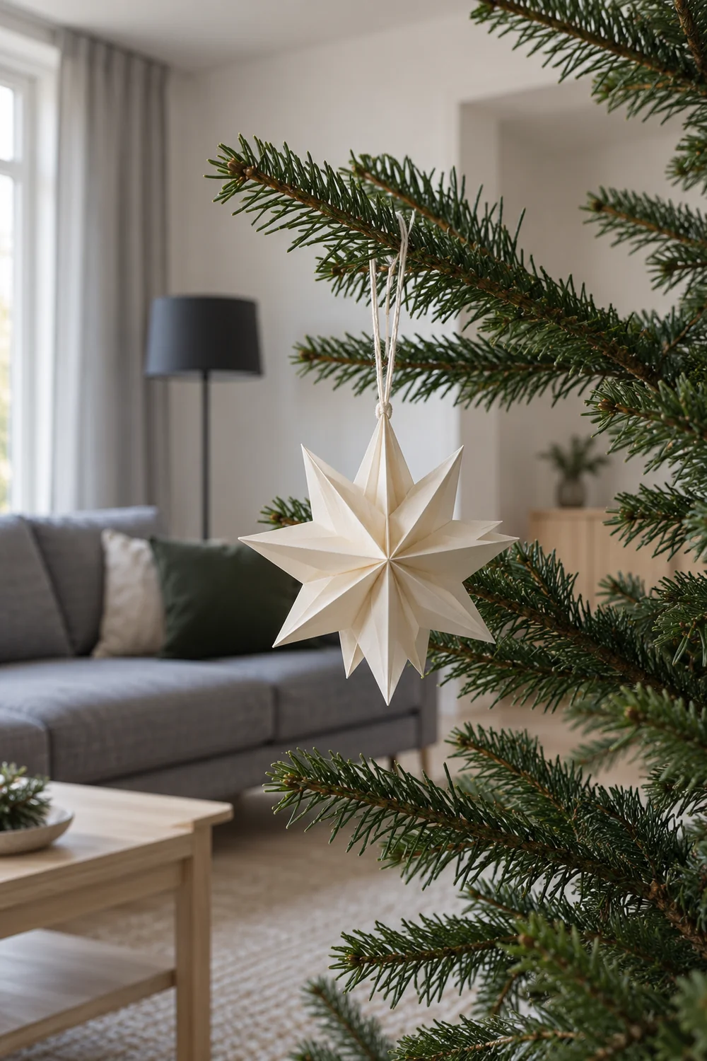 Folded white paper star suspended from a green tree branch