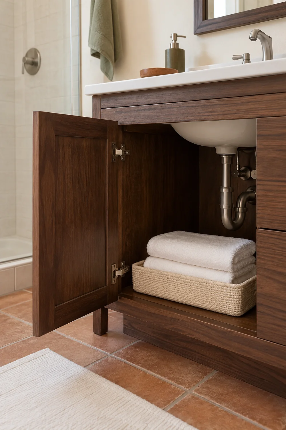 Folded white towels below exposed plumbing inside an open walnut vanity