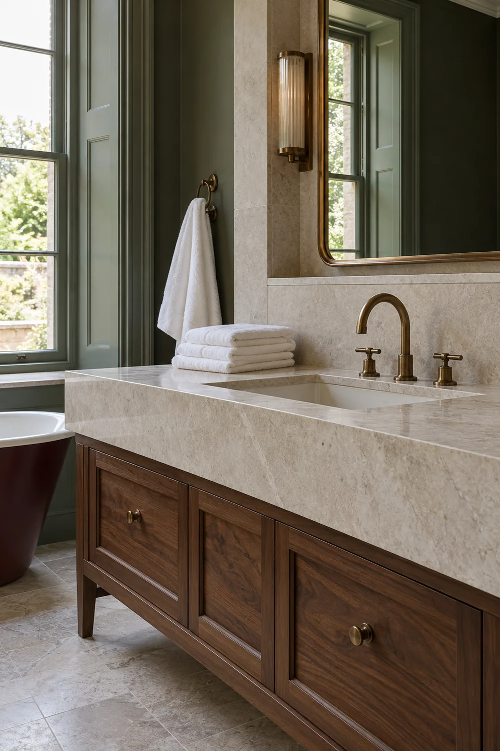 Folded white towels beside a limestone hotel bathroom vanity
