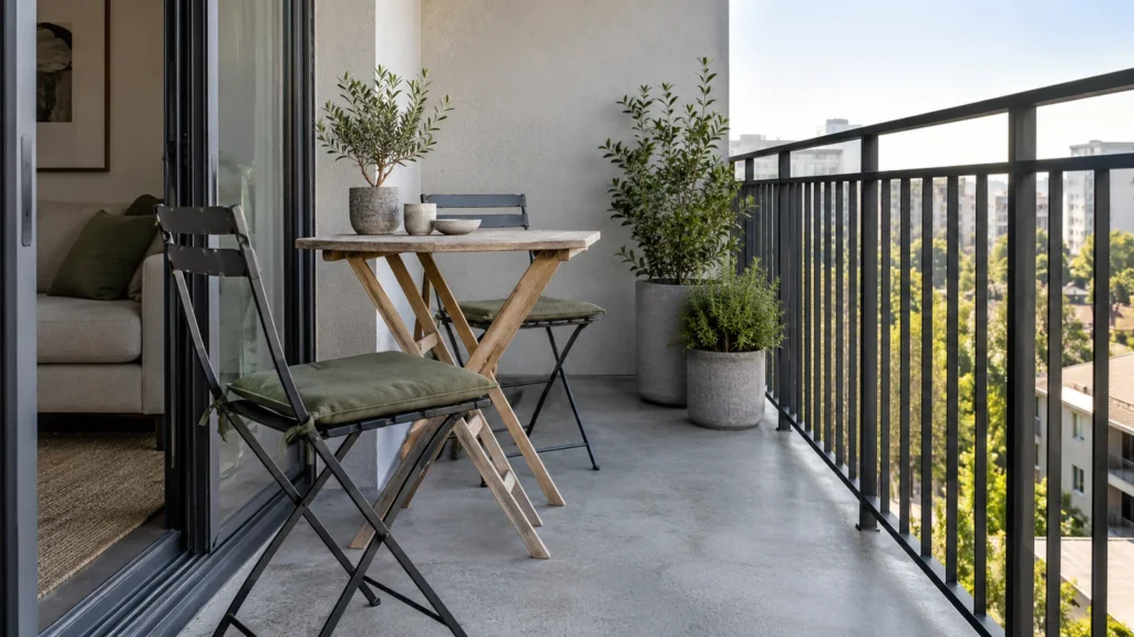 Folding graphite chairs and a wooden table on a grey balcony with green plants