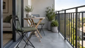 Folding graphite chairs and a wooden table on a grey balcony with green plants