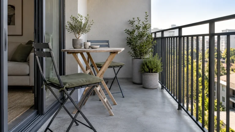 Folding graphite chairs and a wooden table on a grey balcony with green plants