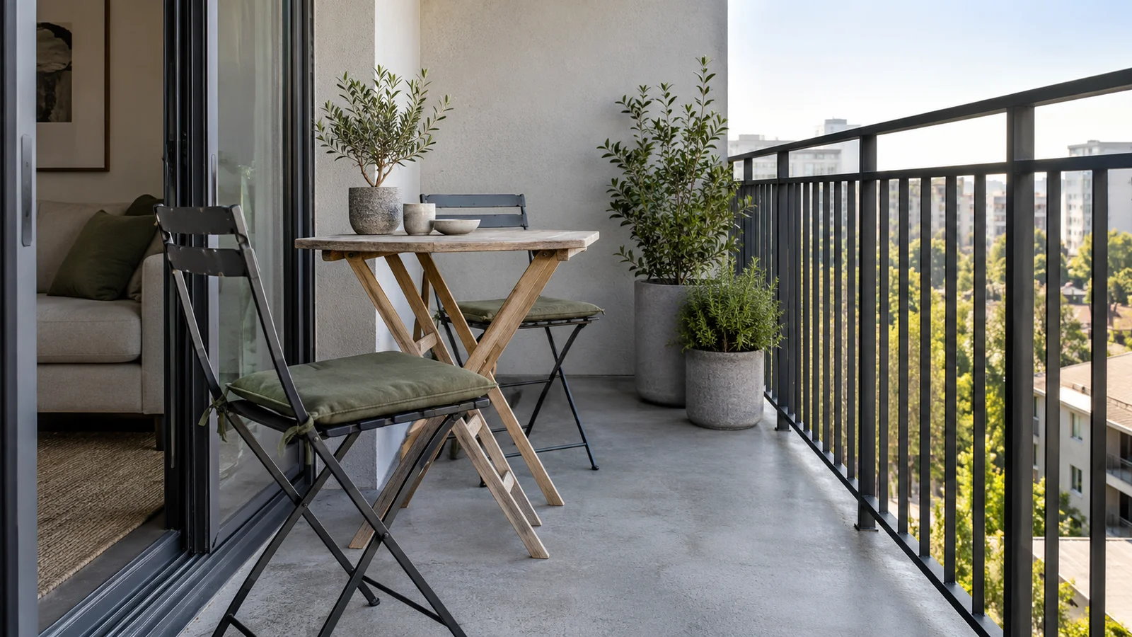 Folding graphite chairs and a wooden table on a grey balcony with green plants