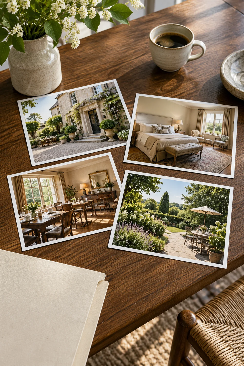Four hotel photographs arranged beside a notebook on an oak table