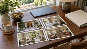 Four hotel photographs arranged on a walnut desk beside a closed laptop and folder
