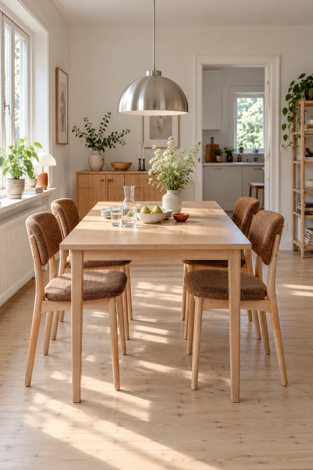 Four matching tobacco upholstered beech chairs spaced along a pale dining table