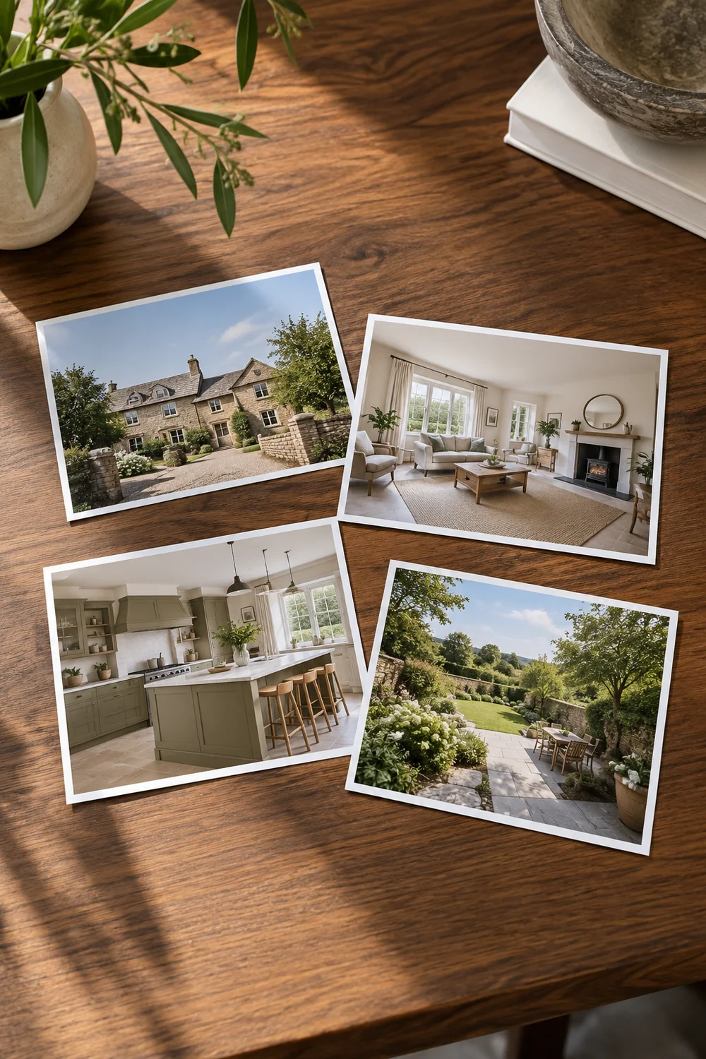 Four property photographs arranged on a wooden surface