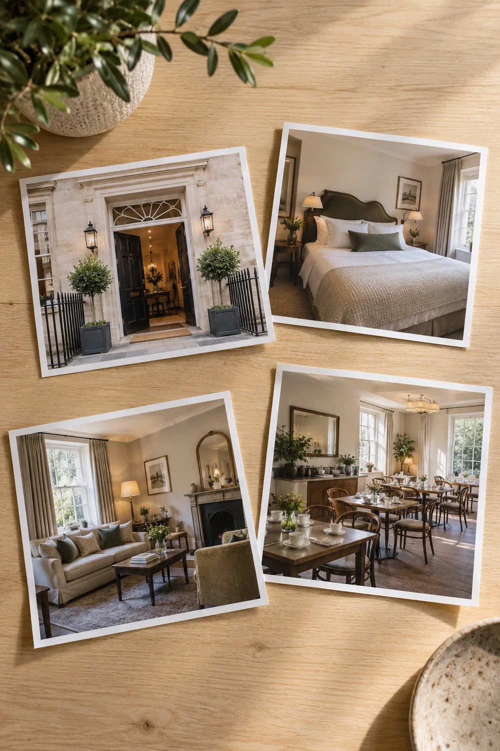 Four separate hotel photographs arranged on a pale timber surface