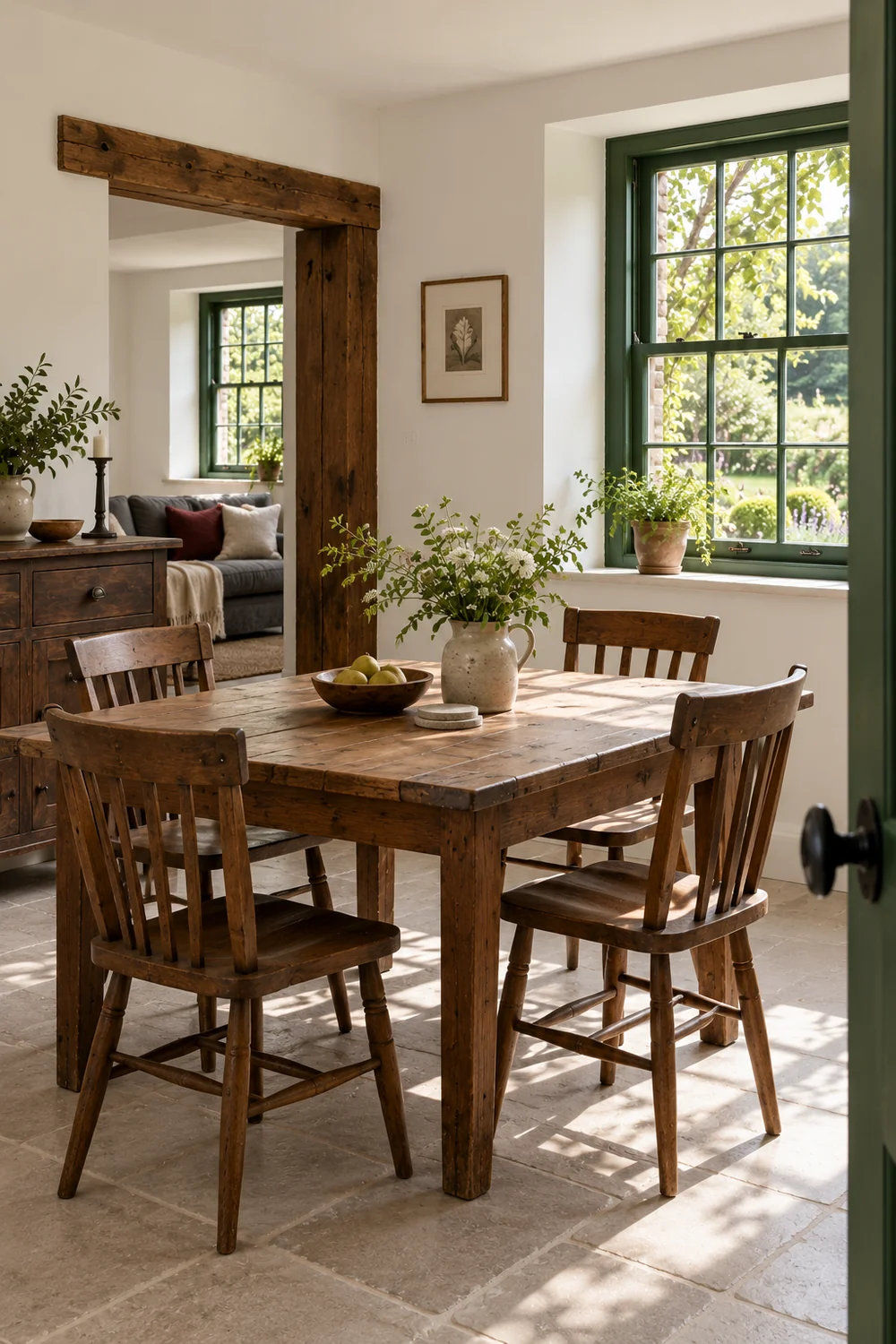 Four wooden dining chairs around a pine table beside a green window