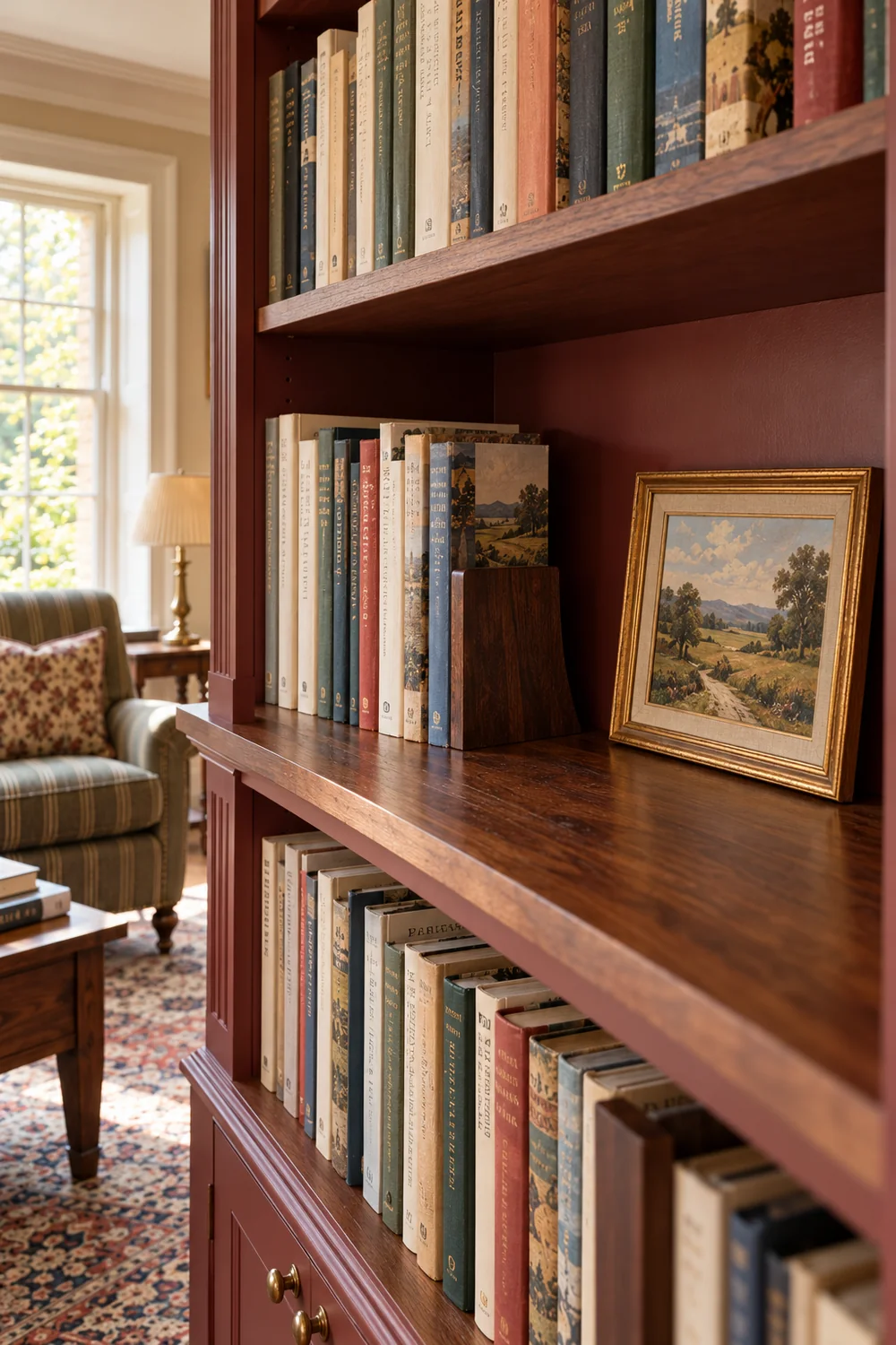Framed landscape beside an upright book row with a separate walnut bookend