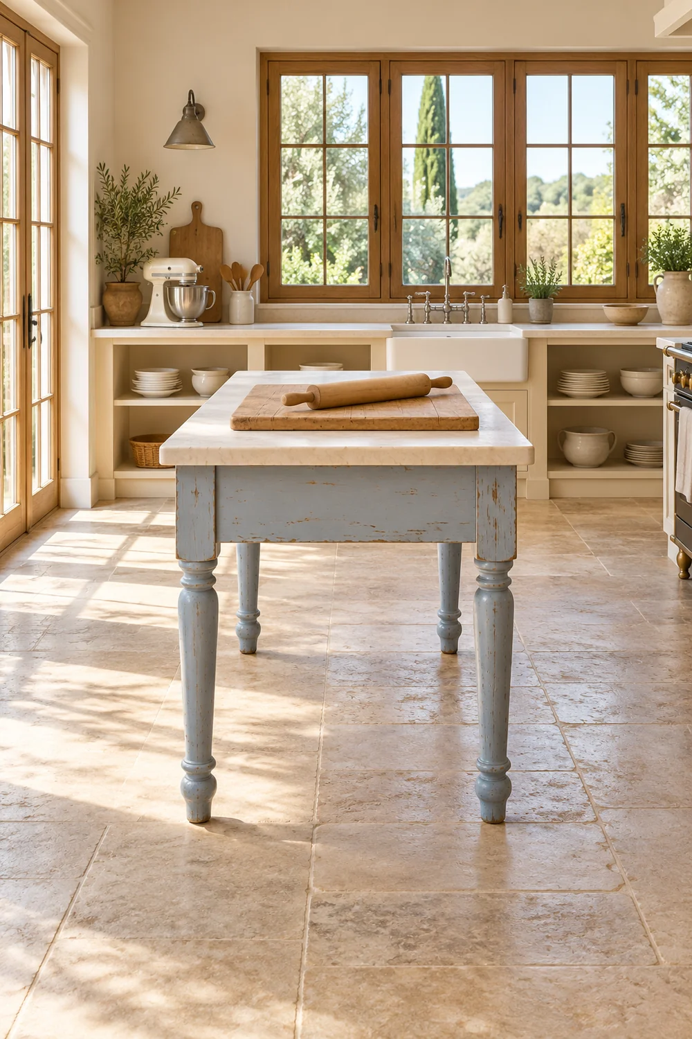 Freestanding blue work table with a rolling board and clear floor space