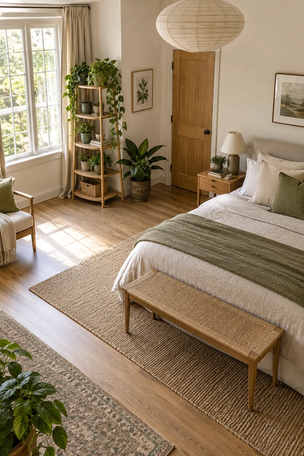 Freestanding timber plant shelf beside a bright bedroom window and clear floor route