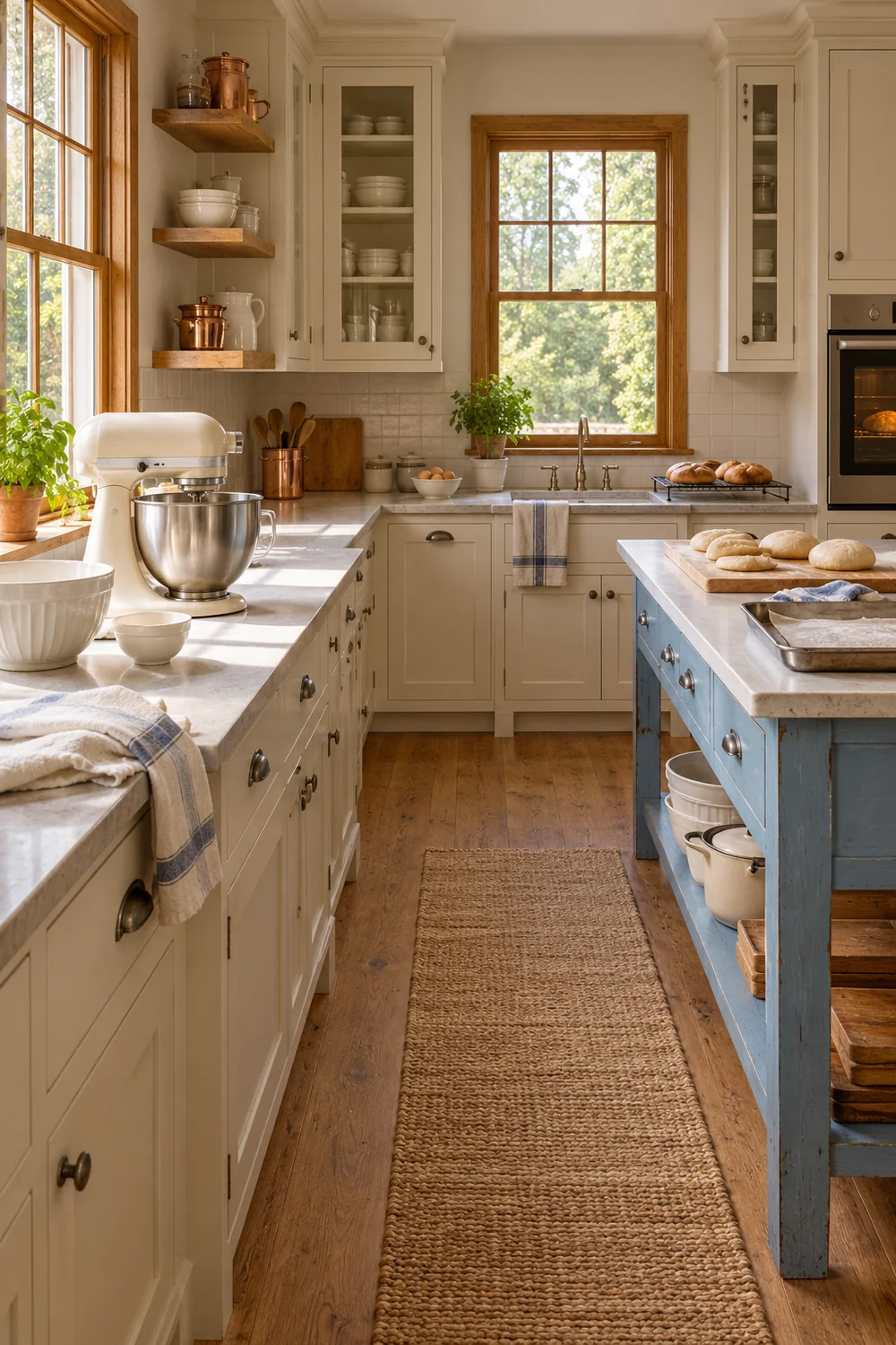 French country kitchen with mixing shaping baking and cooling positions