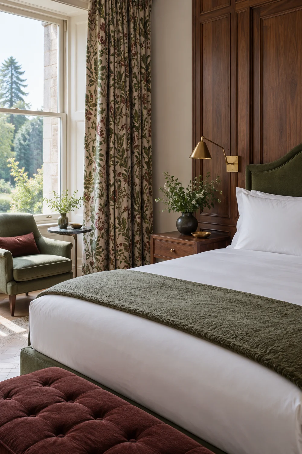 Fresh white hotel bedding with a neatly finished moss coverlet