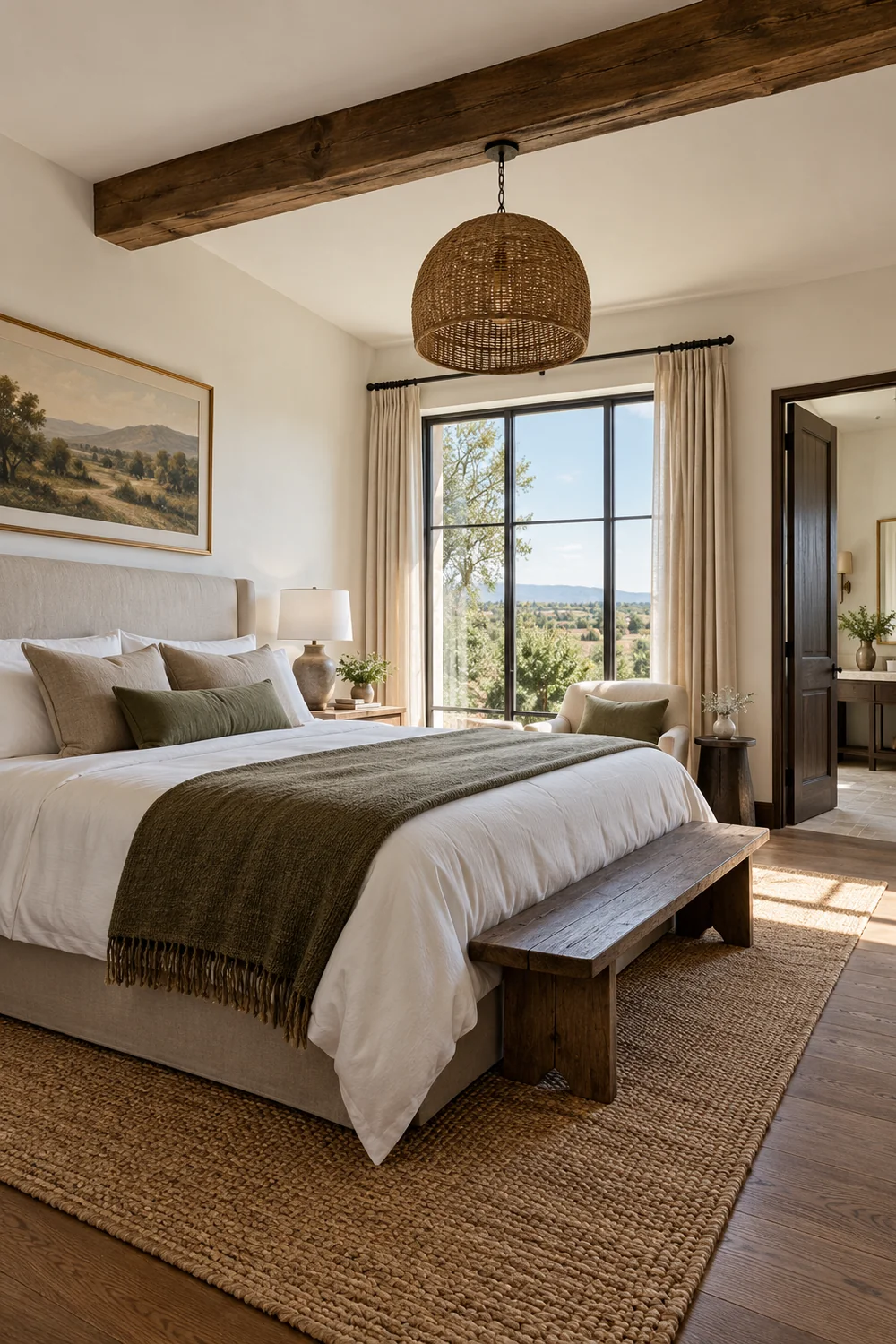 Full bedroom view with a bed window bench and bathroom doorway