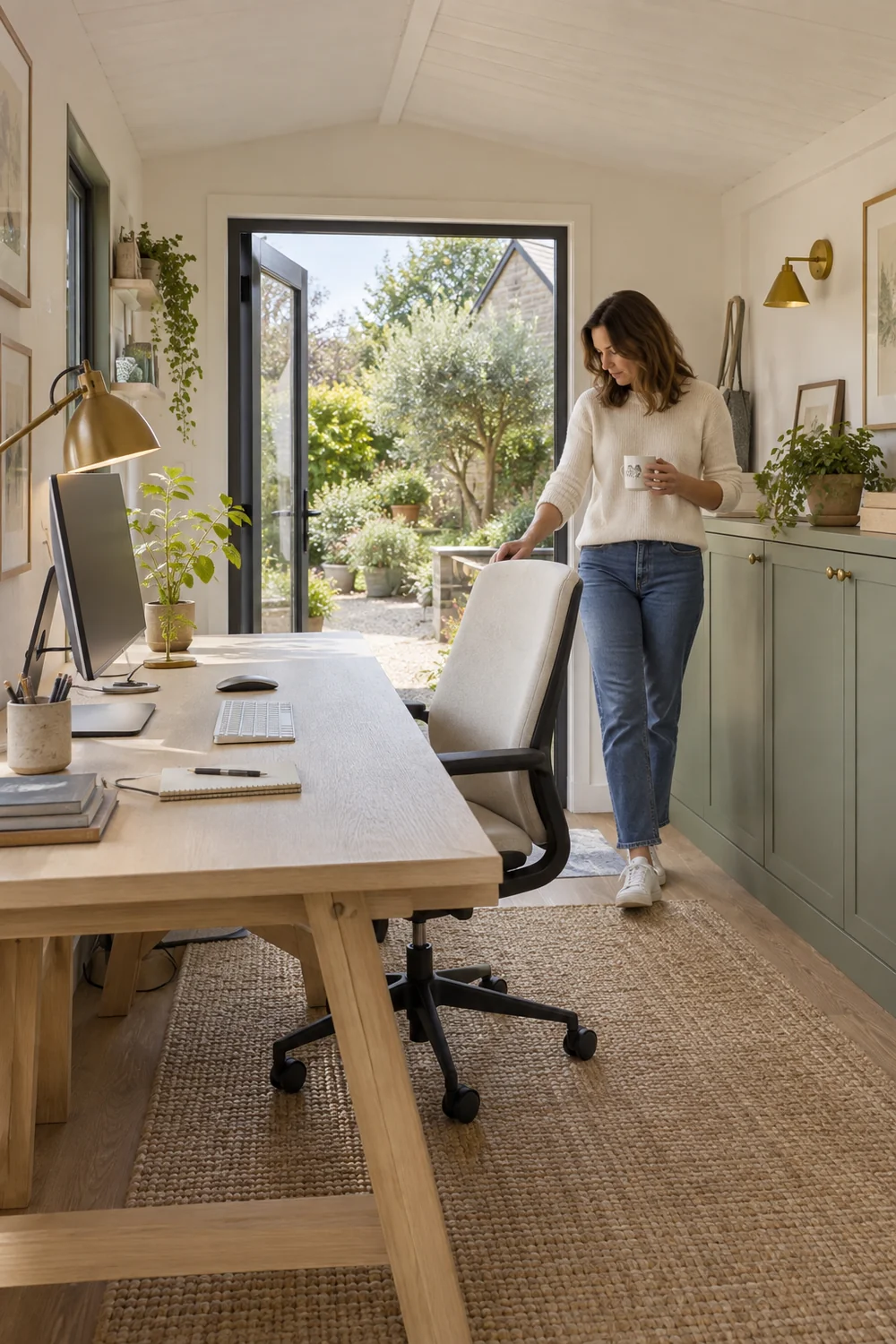 Full size oak desk holding a screen keyboard and notebook